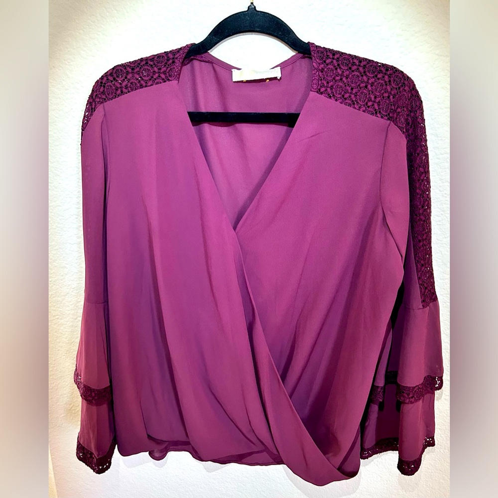 Beautiful Michael Kors Wrap Blouse with Lace Detail Burgundy Oxblood